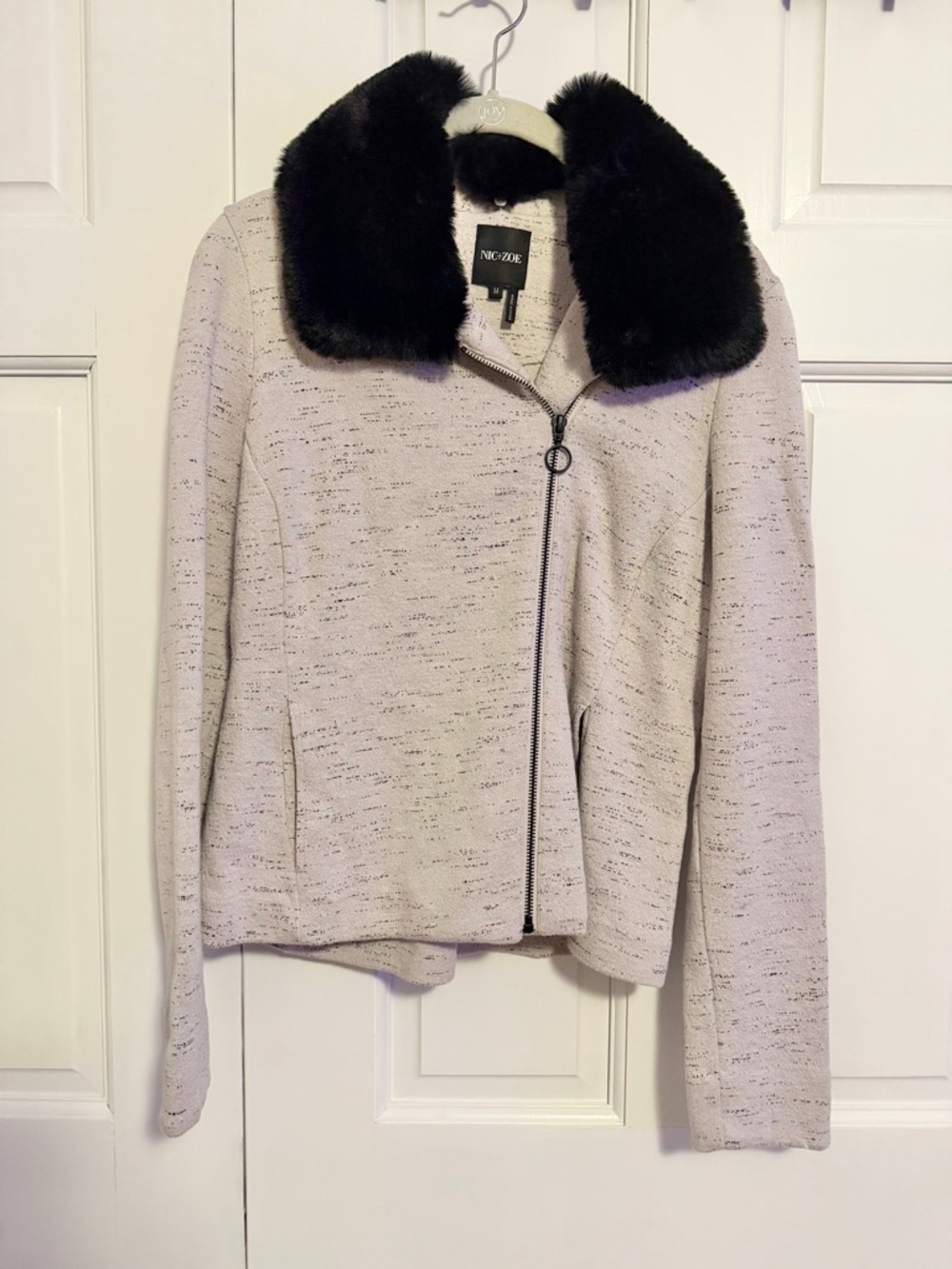 NIC+ZOE Faux Fur Trim Zip Jacket Removable Fur Women's Medium Neutral Cozy